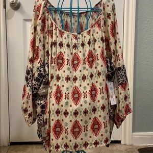 Collective Concepts Patterned Cream Red & Blue Top